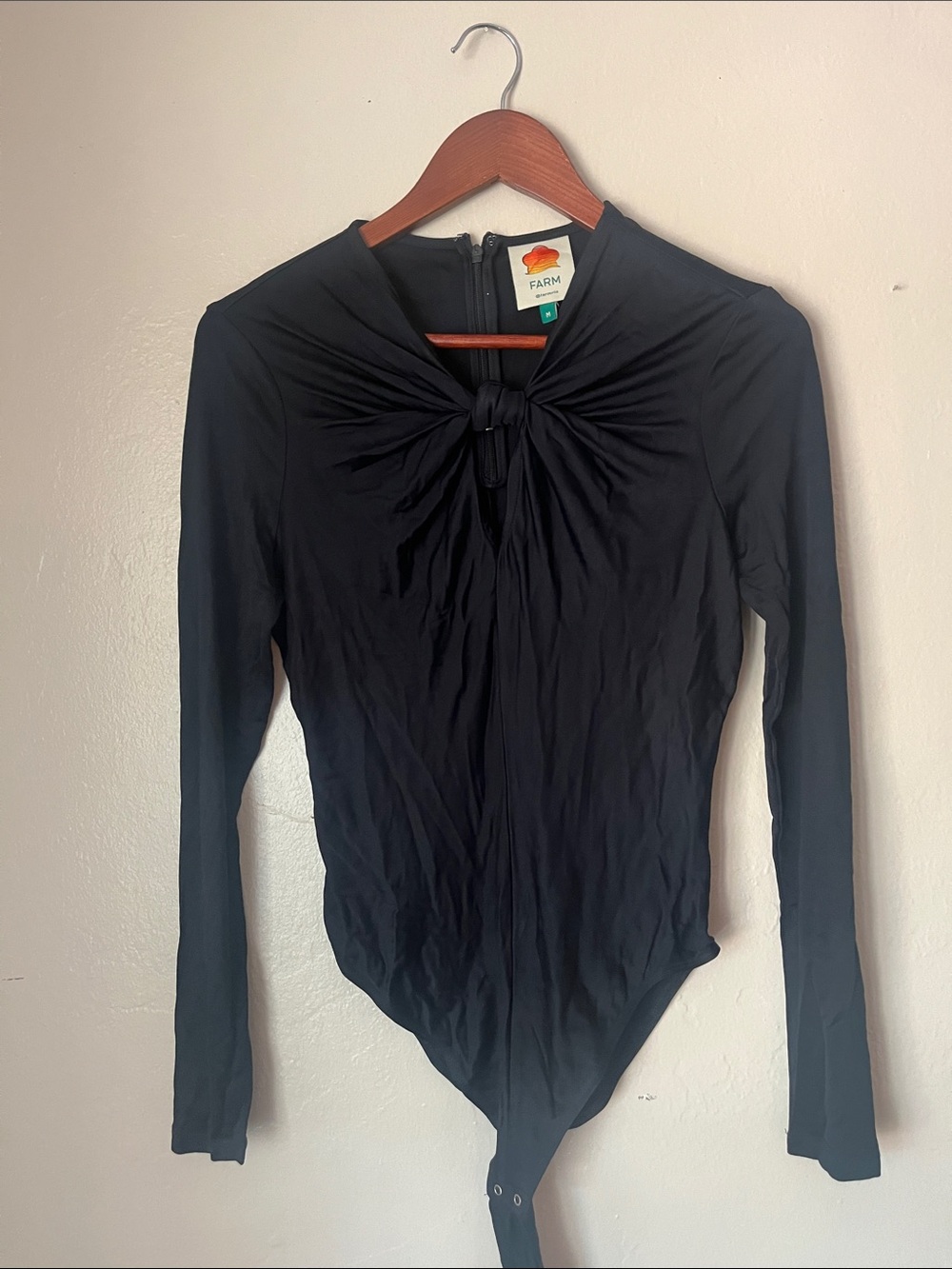 FARM Rio Black Long-Sleeve Knot-Front Bodysuit